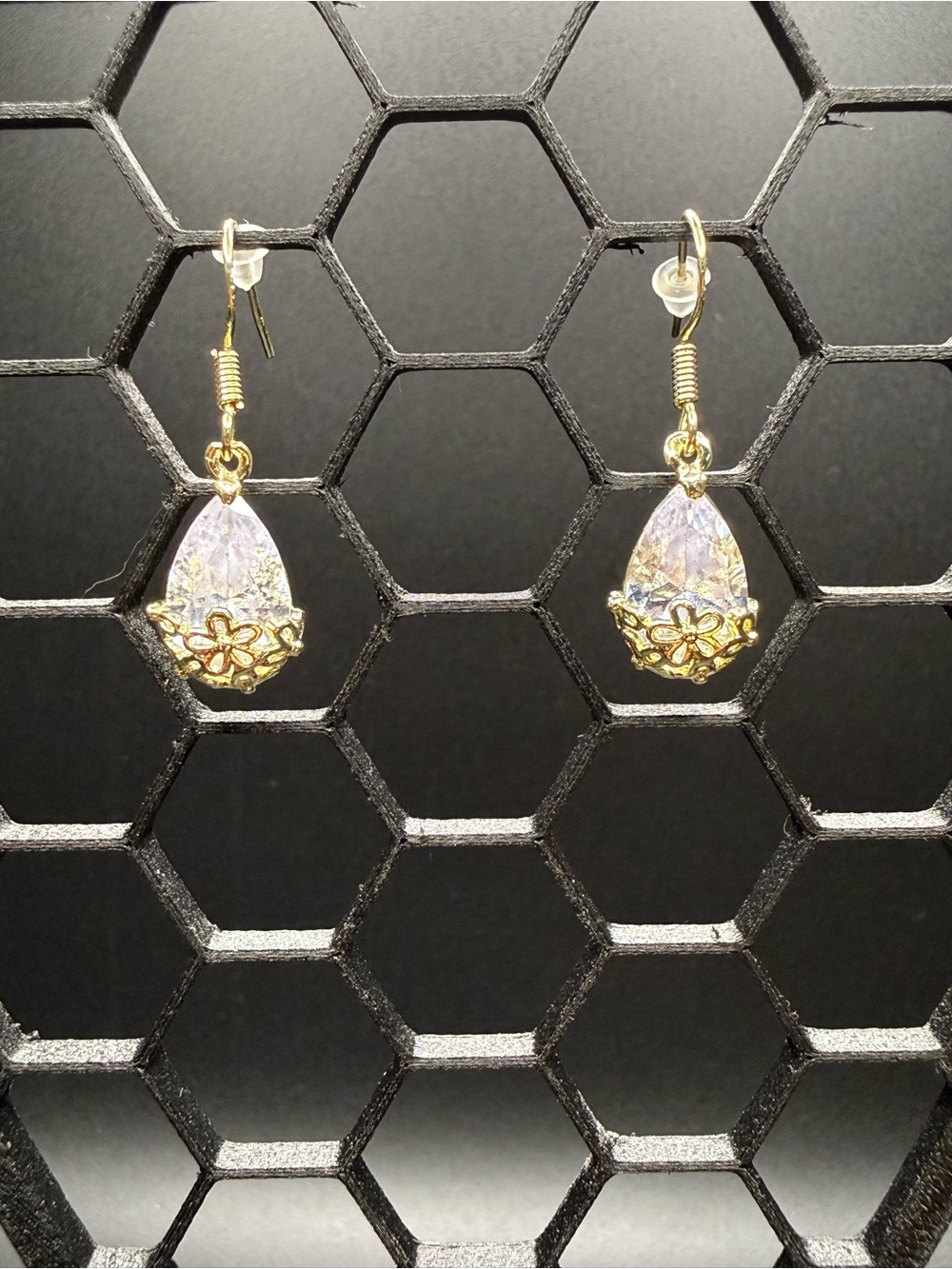 Gold Floral Teardrop Crystal Earrings - Clear